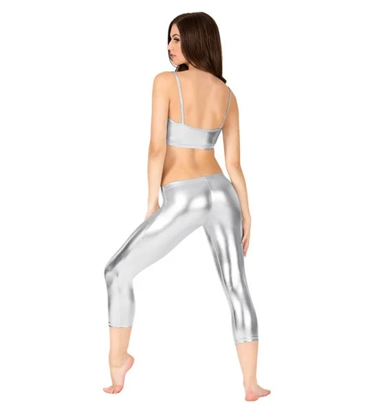 ICOSTUMES Women Spandex Shiny Metallic Gold Dance Capris Leggings Mid Waist Stretch Skinny Pants Shiny Metallic Strechy Meggings
