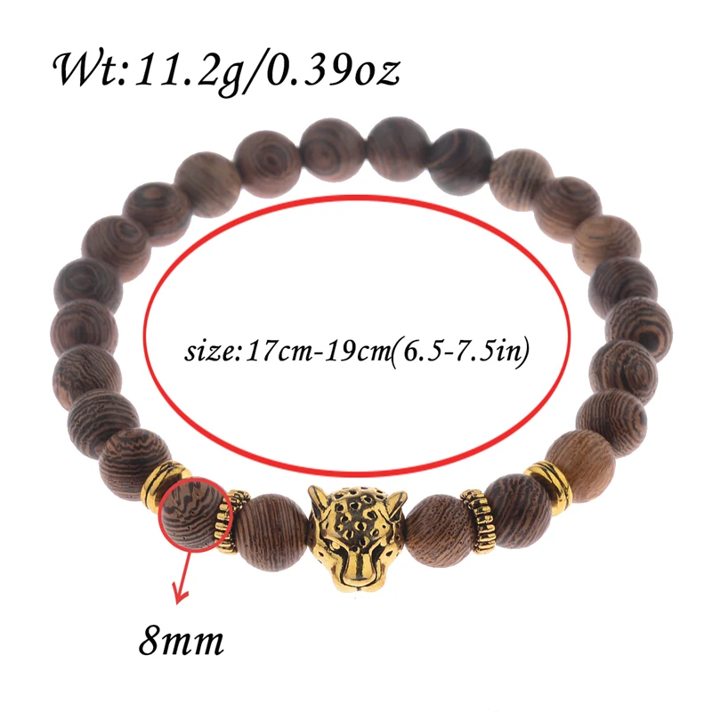 Men's Strand Bracelets Elastic Band Leopard head Wooden Beads Silver Color Buddha Beaded | Украшения и аксессуары