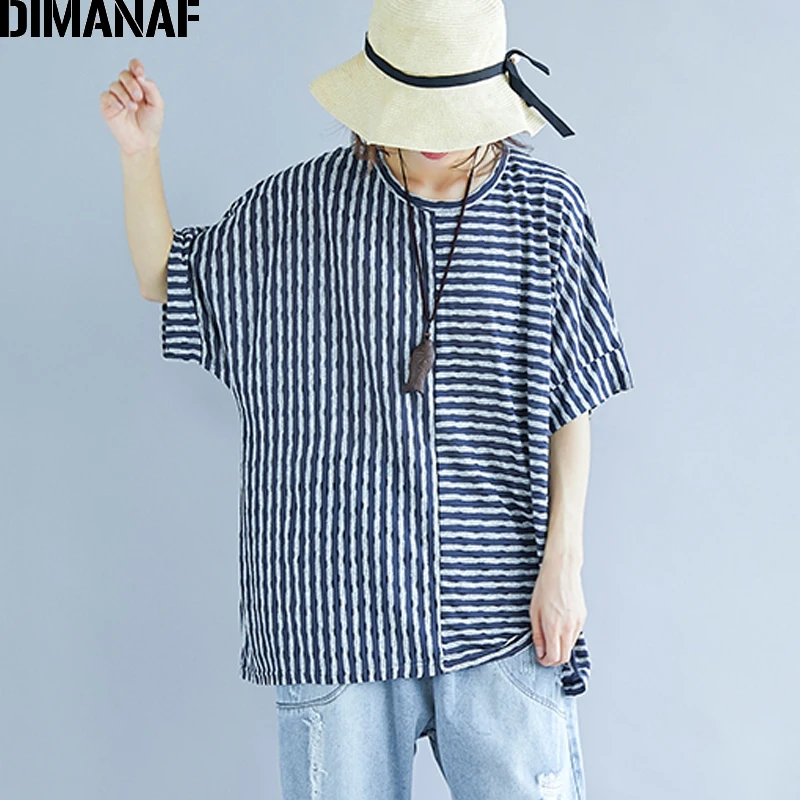 DIMANAF Women T-Shirt Cotton Summer Plus Size Basic Tops Tees Thin Print Striped Blue Female Casual Loose tshirts Batwing Sleeve | Женская