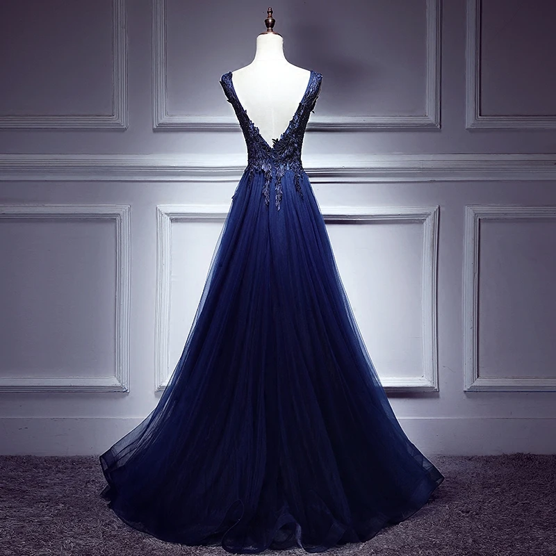 2020 Vestido De Festa Sexy Navy Blue Evening Dresses V Neck Sleeveless Appliques Party Gowns Women Formal | Свадьбы и торжества