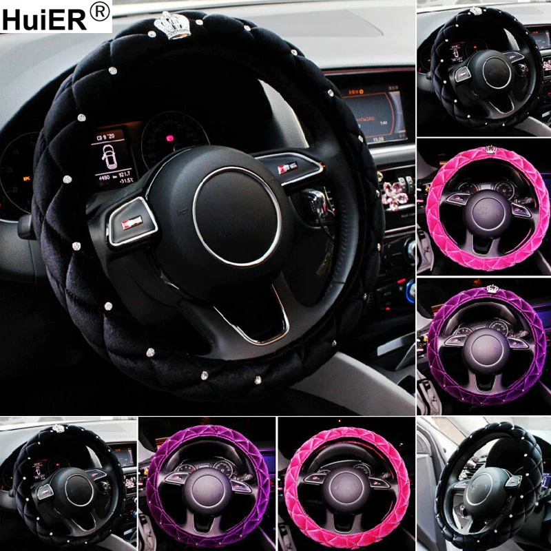 

HuiER Car Steering Wheel Cover Crystal Crown High Level Plush Anti-slip For 37-38CM/15" Auto Steering Wheel Car-Styling Cover