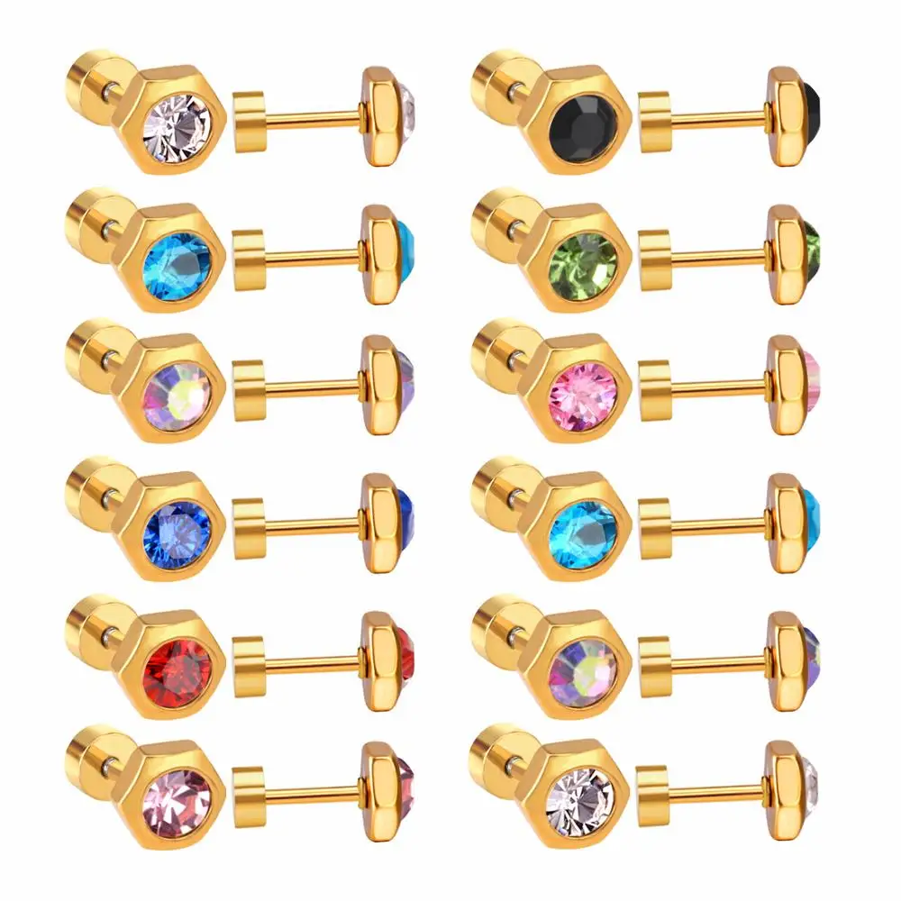 

ASONSTEEL 12pairs/Lot Geometry Colorful Cubic Zirconia Screw Piercing Stud Earrings Stainless Steel Gold Color Wholesale Women