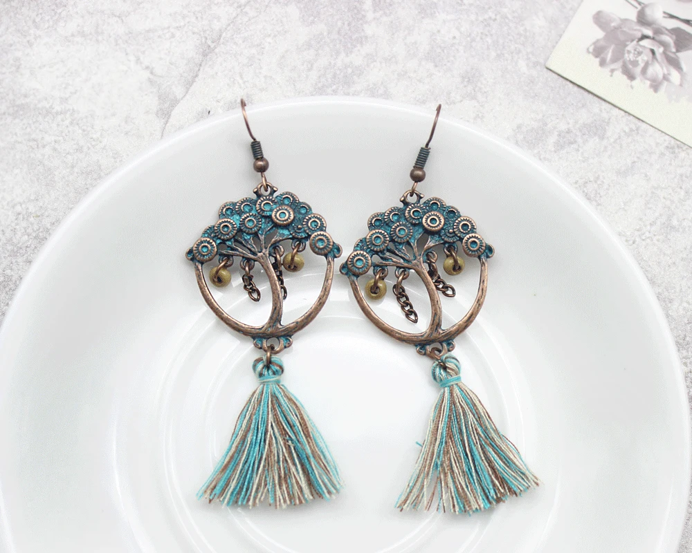 Маленькие синие круглые серьги в форме дерева стиле ретро висячие с подвесными