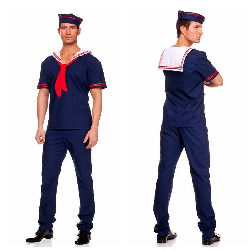 

Mens Navy Sailor Cosplay Costume Halloween Carnival Uniforms Blue Worker Role Play Costumes tops pants hat Festival Suit