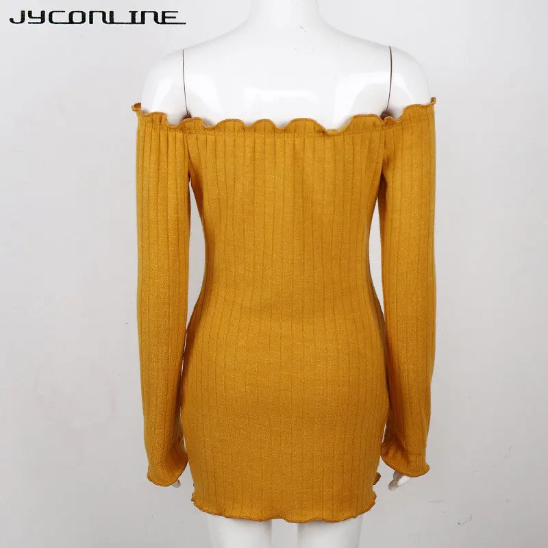 

JYConline Sexy Off Shoulder Knitted Dress Women Slim Bodycon Dress Slash Neck Long Sleeve Sexy Party Dresses Mini Vestido Female