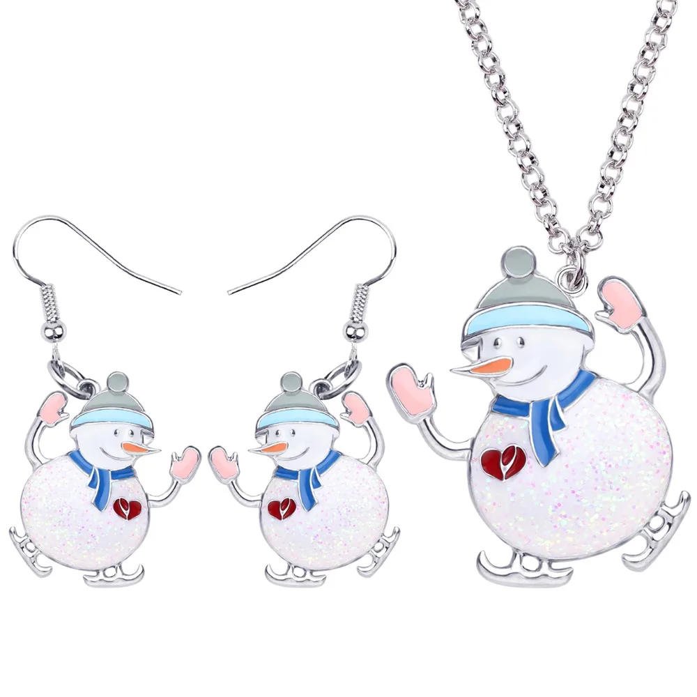 Bonsny Enamel Alloy Christmas Skiing Snowman Jewelry Sets Drop Earrings Necklace Pendant New Year Decoration For Women Girl Gift | Украшения