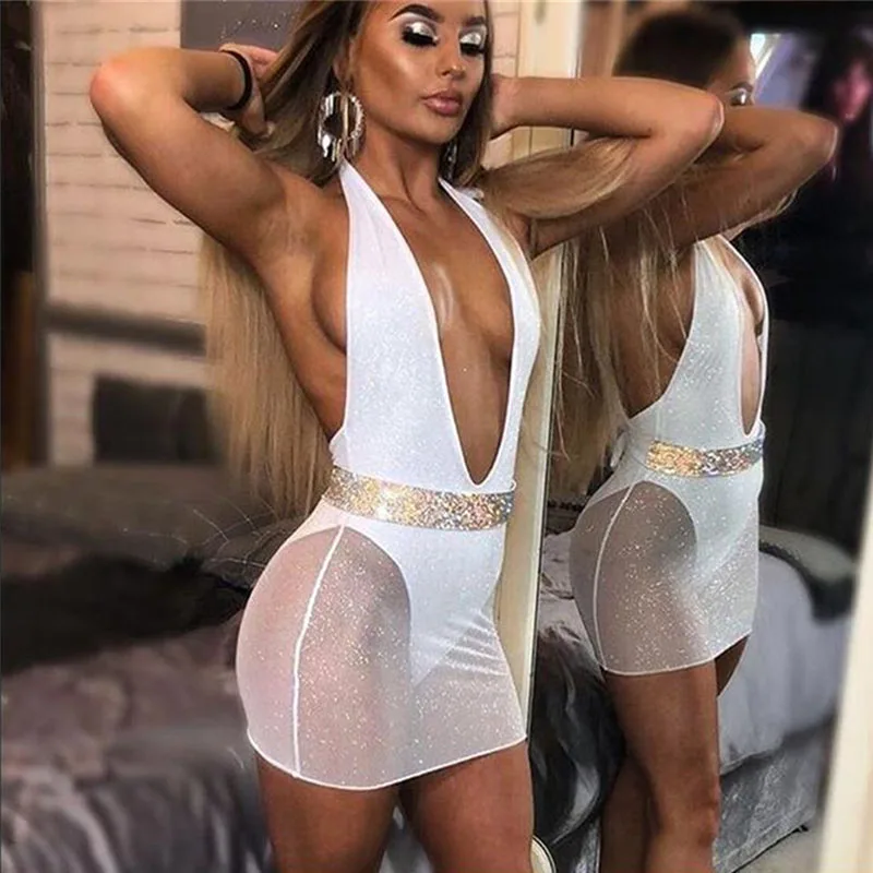 Алмаз Sexy Глубокий V шеи вечерние платье Холтер рукавов с открытой спиной