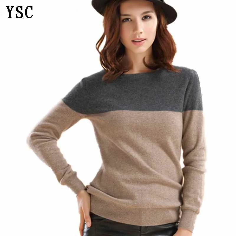 YSC Classic style ladies knitted cashmere wool sweaters Grey and camel stitching Long sleeve Keep warm Pullovers Size S-XXXL | Женская