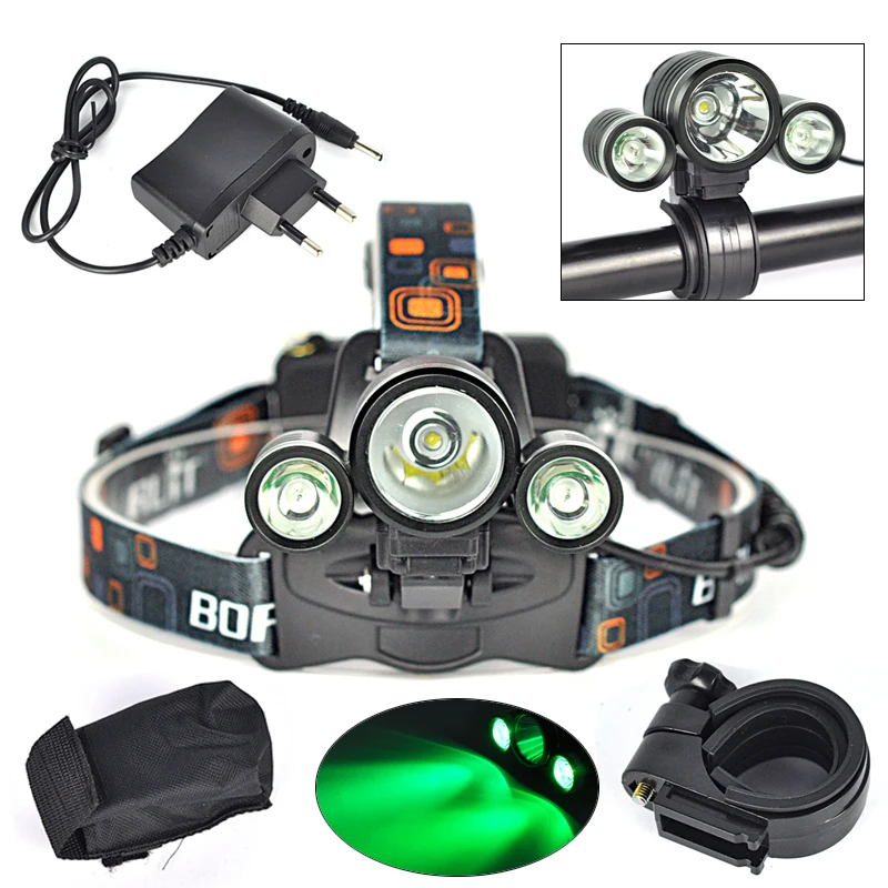 

BORUIT 3xXML T6 White+2R5 Green LED Headlamp Bicycle Light Head Torch+AC Charger Camping Fishing Cycling Rock Climbing