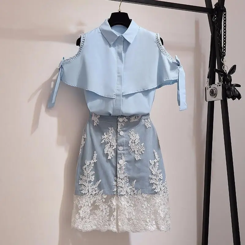 blue Комплект из 2 предметов, лето, женская футболка с рюшами без бретелек+ кружевная прошитая юбка, наборы, женские модные элегантные шикарные юбки, костюмы J35 - Цвет: blue