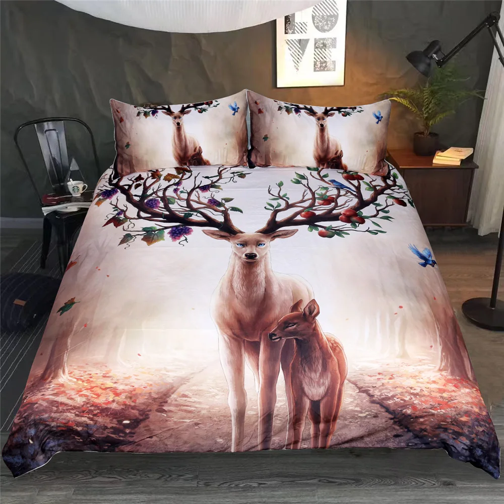 

New Elk Bedding Set Queen Floral Moose Duvet Cover Animal Reindeer Bedspreads for Kids Deer Bedspread Bed Set 3pcs