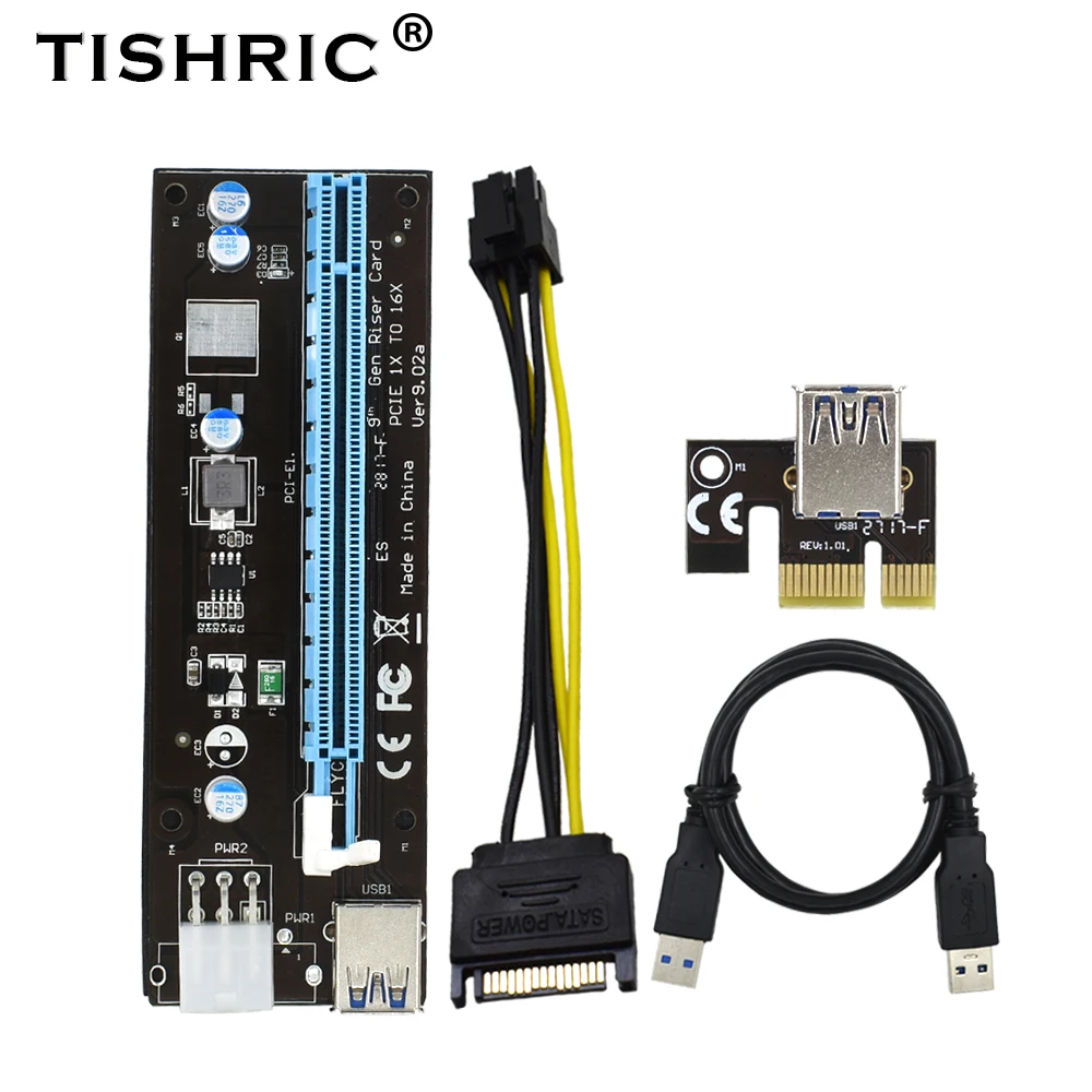 TISHRIC 100 шт. VER902A PCI E Express PCIE Riser Card 1x к 16x USB 3 0 SATA 6Pin IDE Molex адаптер питания для майнинга|
