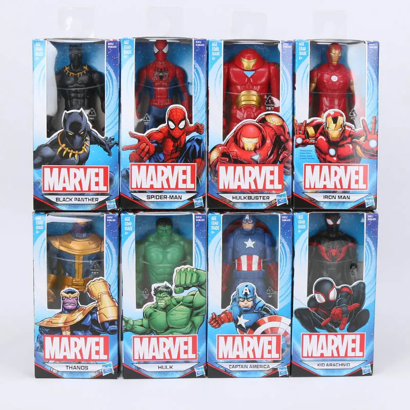 box 8 шт. игрушки Marvel 15 см Мстители 4 основные персонажи Черный Человек-паук Халк Железный человек Черная пантера ПВХ фигурка Коллекционная модель - Цвет: box
