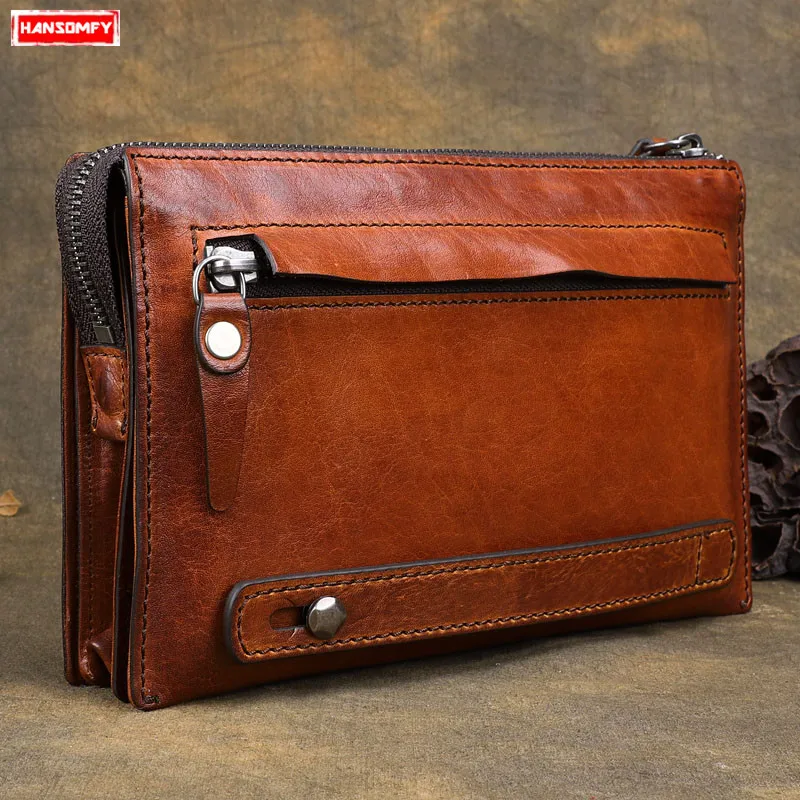 Handmade Men Long Casual Large Capacity Handbag Multi Card Holder Clutch Bags First Layer Cowhide Retro Original Vintage Soft