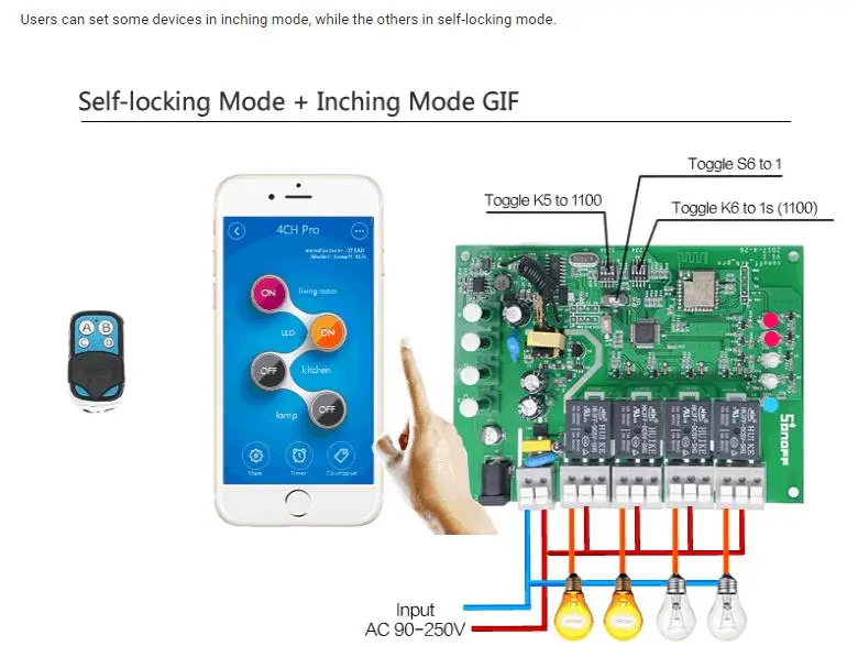 Sonoff 4CH Pro R2 умный Wifi переключатель 433 МГц RF Wifi светильник 4 комплекта 3 режима работы инчинг интерлок умный дом с Alexa