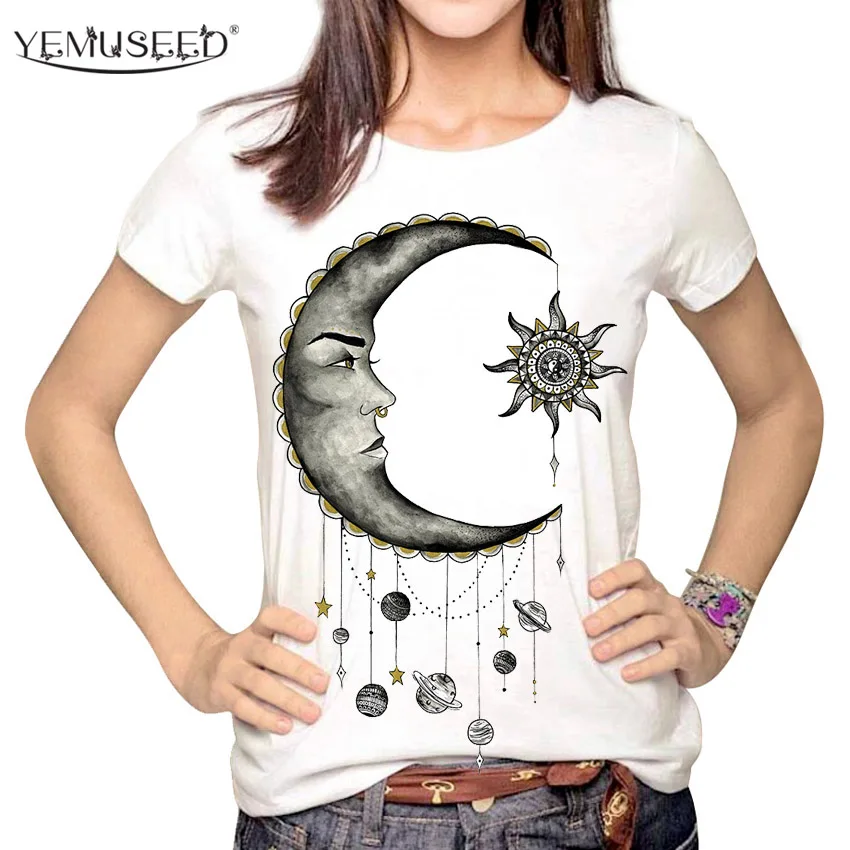 Модные хипстерские женские топы YEMUSEED с принтом Солнца и Луны мультяшным Tumblr Harajuku