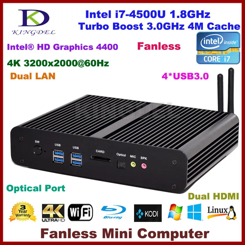 Бесплатная доставка настольный мини ПК без вентилятора ITX HTPC Haswell Core i7 4500U 8 ГБ ОЗУ