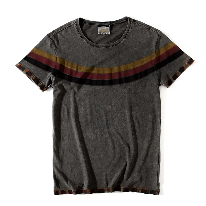 GustOmerD2019 Summer New Men's T-shirt Casual Slim Round Neck Short-sleeved Shirt Striped Print Cotton T-shirt Men - Color: Gray