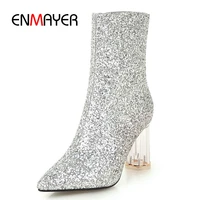 enmayer new arrival women round toe sequined cloth zip ankle boots lady round heel high heel boots size 34 43 zyl820