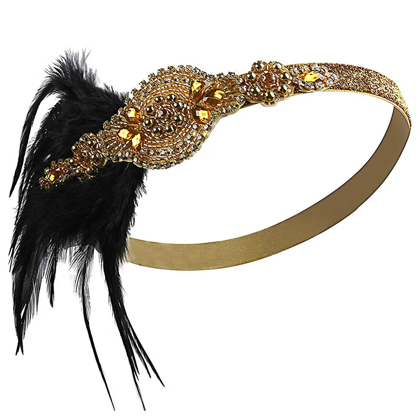 1920s Gatsby Flapper Feather Headband 20s Accessories Crystal Beaded Wedding Headpiece