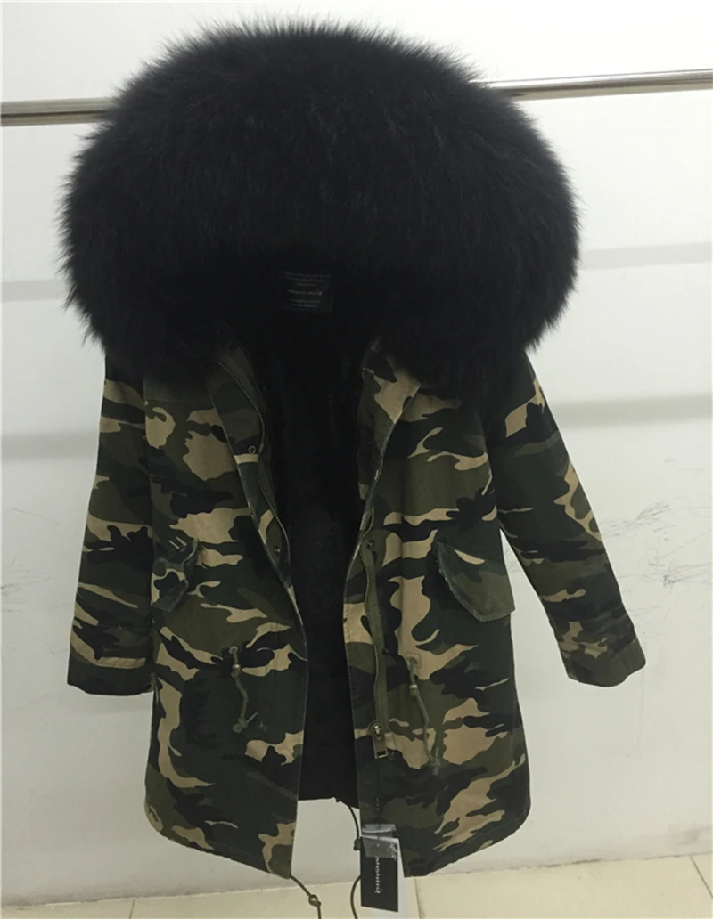 Мех Любовь Женщины Зима Camo Parka большой енота меховым воротником куртка с