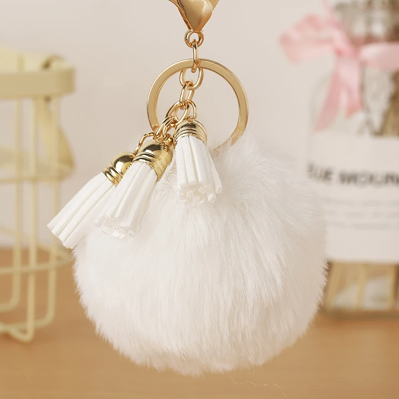 

Hot sale Pompom Fur Ball Car Key Ring Pendant Fur Ball Keychain with Leather Tassel for Women Key Chian POM POM Keychain EH886