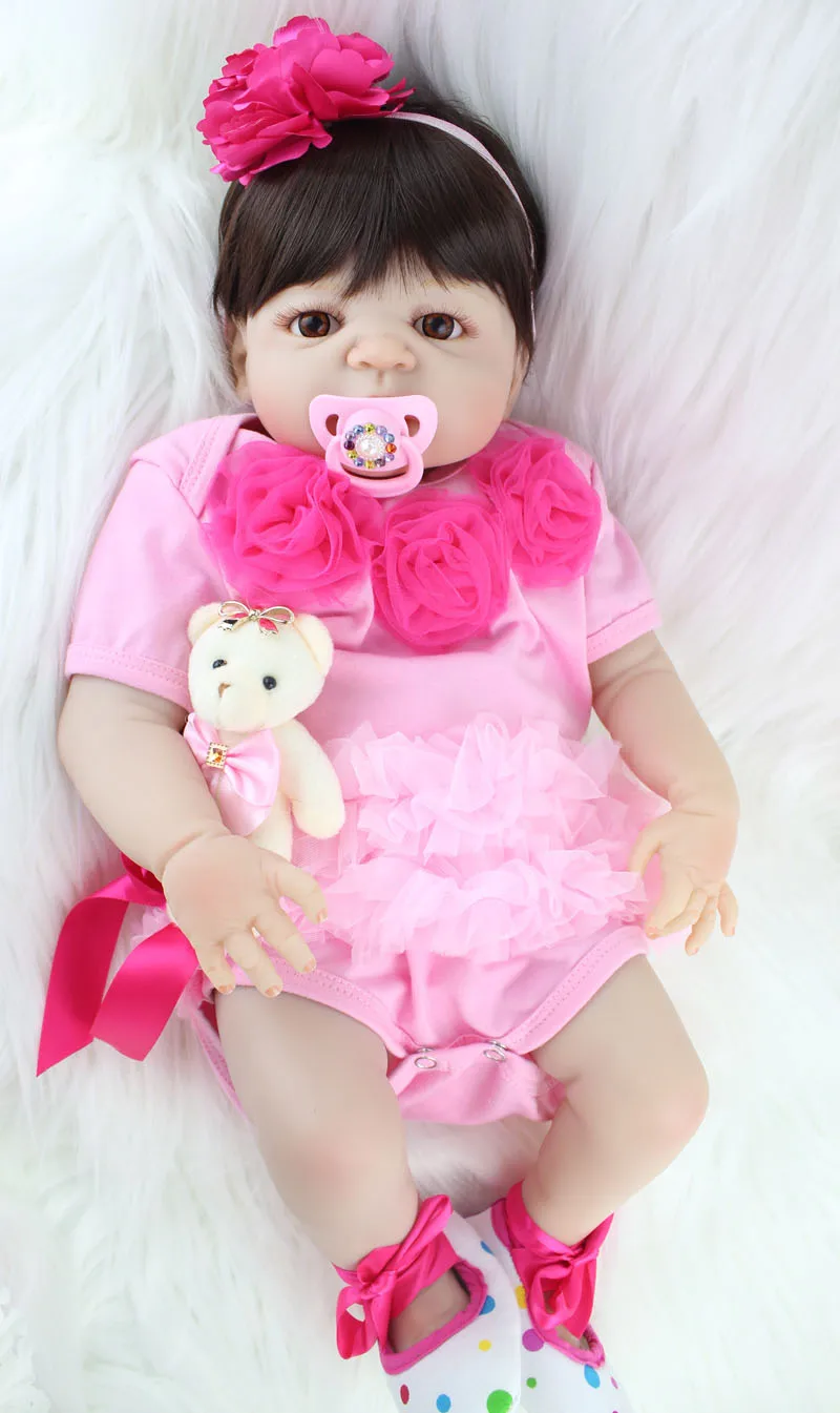 

55cm Full Body Silicone Reborn Girl Baby Doll Toy Lifelike Pink Princess Dress Newborn Babies Doll Cute Birthday Gift Bathe Toy