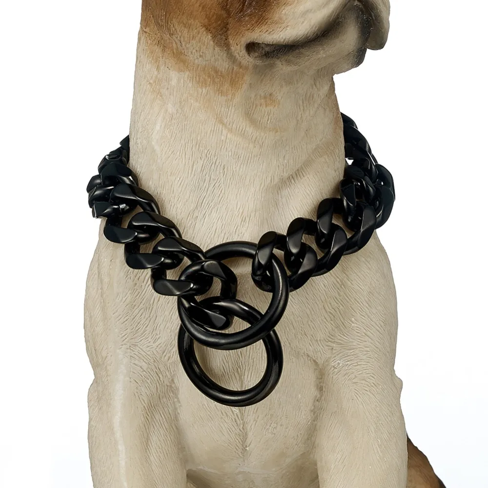 

Hot 19mm 12-32 inch Black Tone Curb Cuban Dog chain Collar Lead Durable Link Choker Stainless Steel Pet Chain Necklace Collar