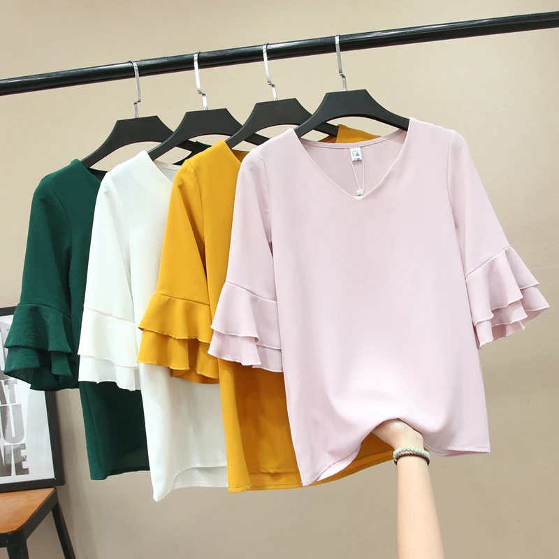

2020 Women Chiffon Blouse Femininas Tops Butterfly Sleeve Elegant Lady Casual V-neck Blouse Plus Size 4XL Chiffon Shirt Clothes