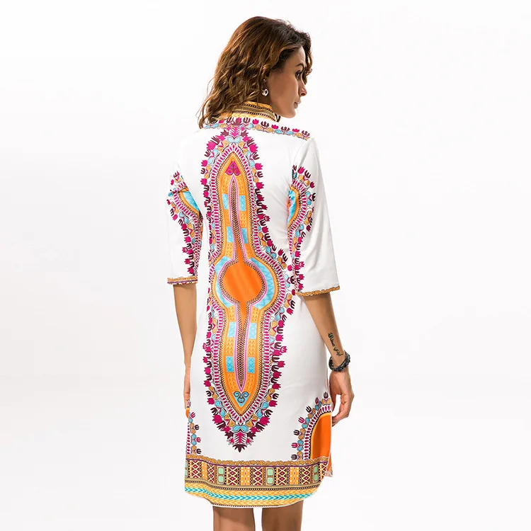 2018 Women Sexy Ethnic Print Dress Vintage Half Sleeve Deep V-neck Casual A-line Pencil Slim Dashiki Vestidos | Женская одежда