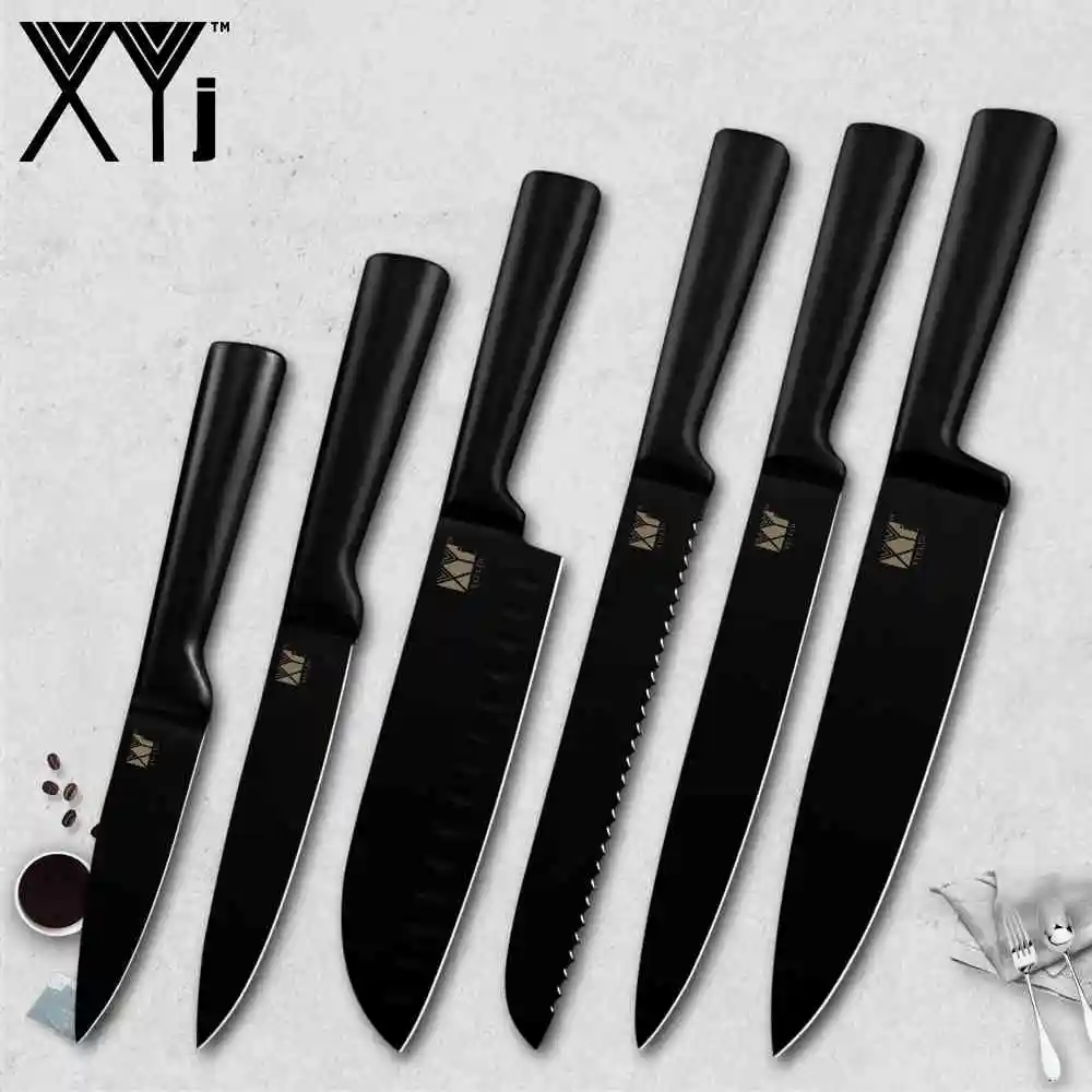 B.6pcs set XYj набор кухонных ножей из нержавеющей стали, острые, все черные, легкие усилия, Не липкие, точилка для кухонных ножей, держатель Knfie - Цвет: B.6pcs set