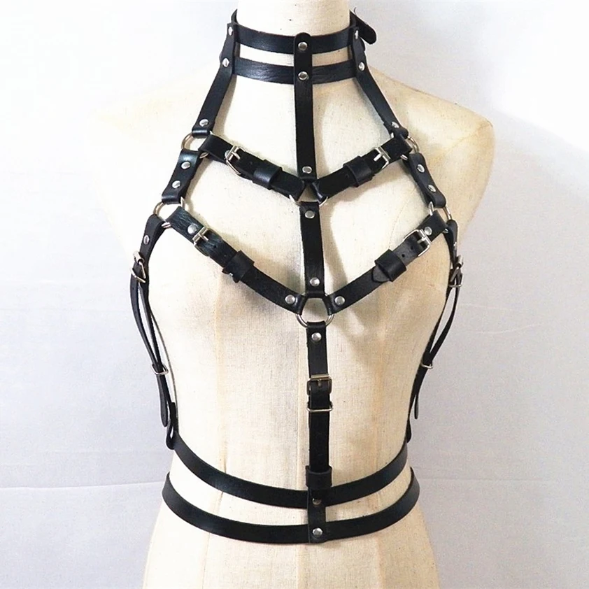 Punk Leather Tank Top Sexy Backless O Neck Hollow Out Crop Tops Handmade Metal Rivets Buckle Strap Top Rave Festival Clothing