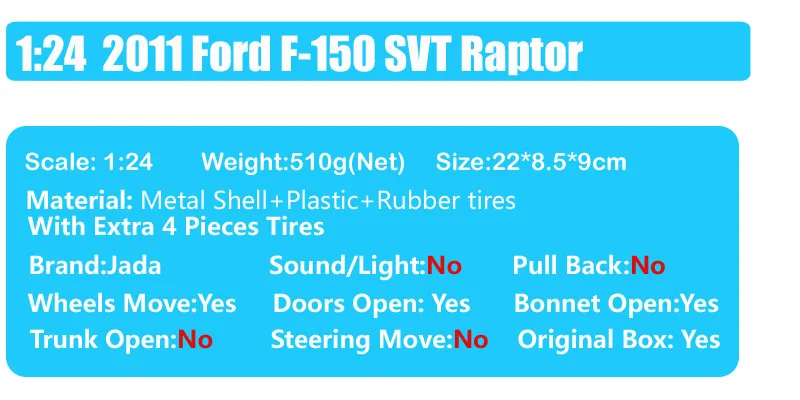 1/24 Jada большой 2011 Ford F150 Raptor SVT pick up грузовик Lobo шасси кабины литые под давлением автомобили моделирование масштаб Автомобили Авто Подарок шины