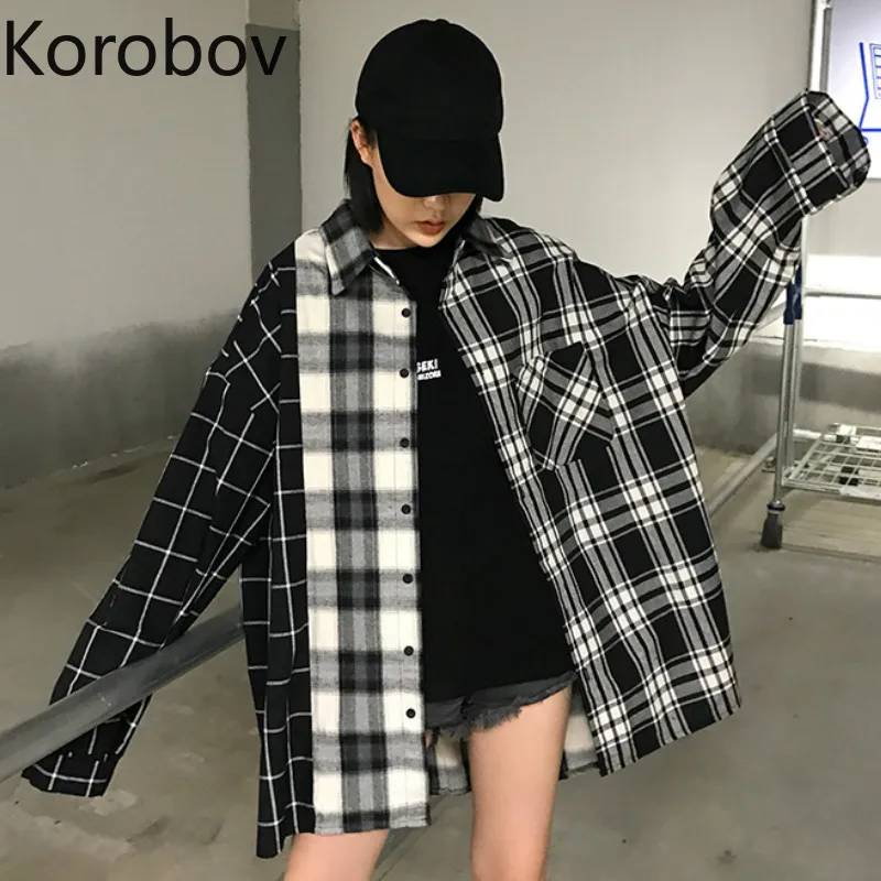 Korobov Harajuku, женские рубашки с длинным рукавом, в клетку, в стиле пэчворк, BF, женские блузки с отложным воротником, Корейская женская блузка 77458
