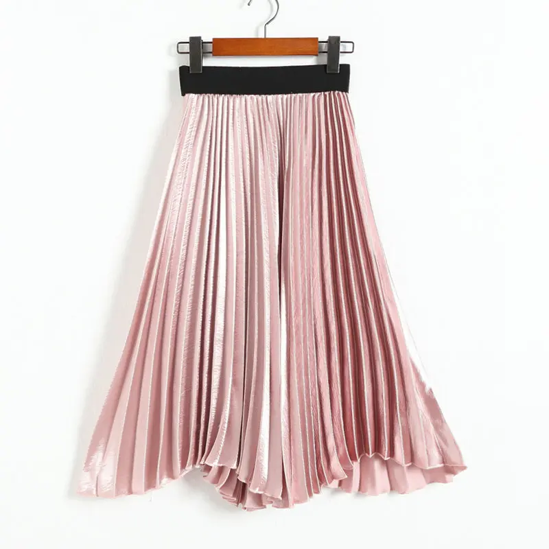 

New Summer Fashion Womens Irregular Elastic Waist High Waist Pleated Skirt Femme Hot Sale Spring Metallic luster Mid-Calf Skirts