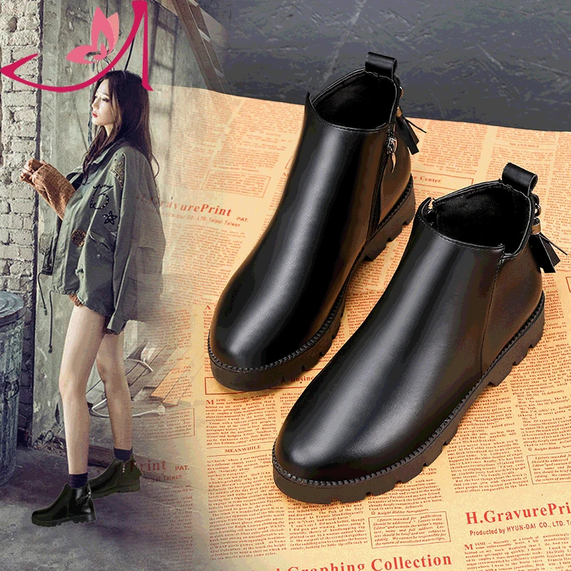 Женские ботинки до щиколотки черные 2018 женские базовые на молнии модные зимние