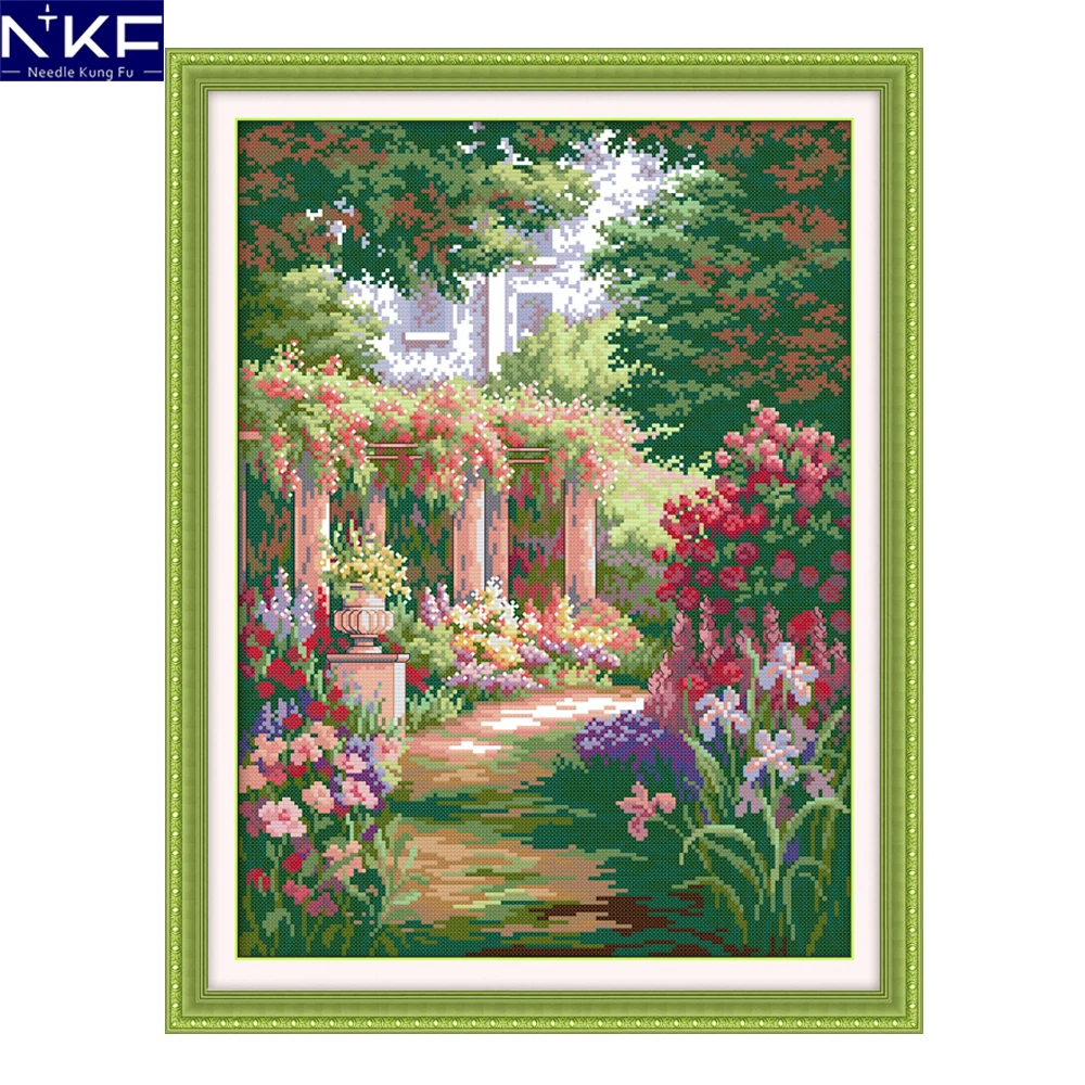 

NKF Romantic Backyard Garden Counted Cross Stitch Painting DIY Needlework Embroidery Scenery Cross Stitch Kits for Home Decor