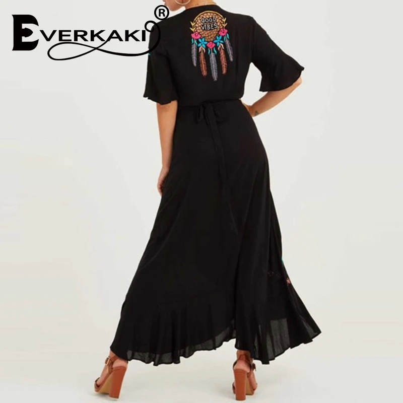 Everkaki черное Бохо длинное праздничное женское платье 2019 Подиум хлопок вышивка