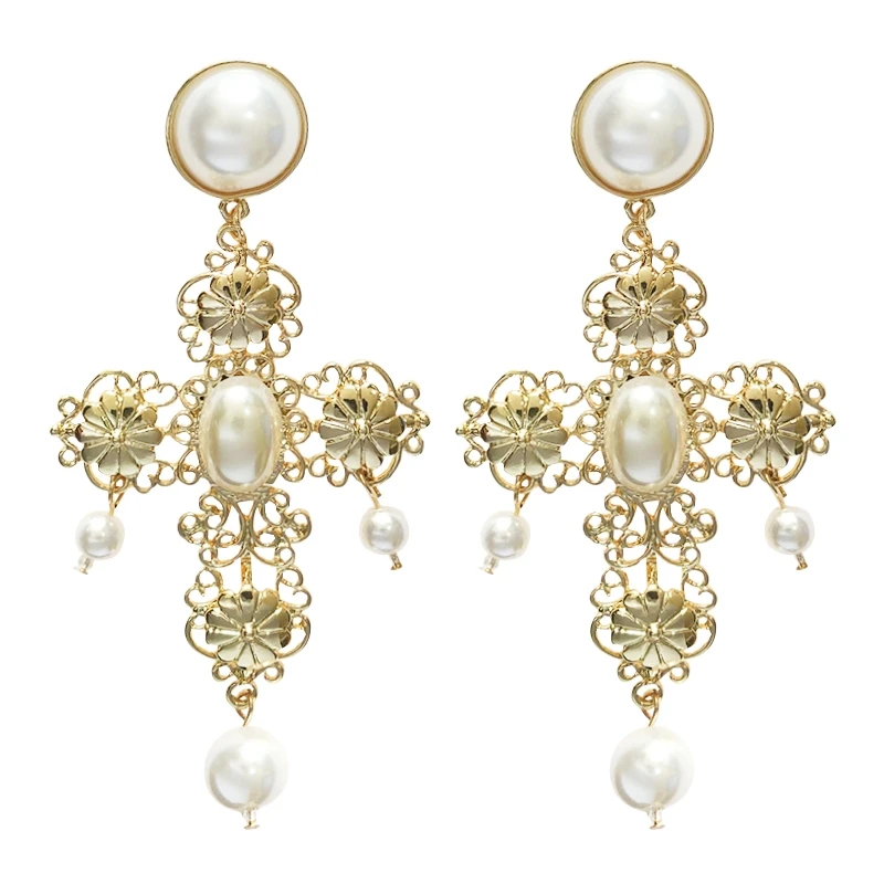 

Earrings with Pearl Baroque Fashion Vintage Cross Pearl Dangle Pendant Earrings Retro Palace Statement Earring For Women Jewelry