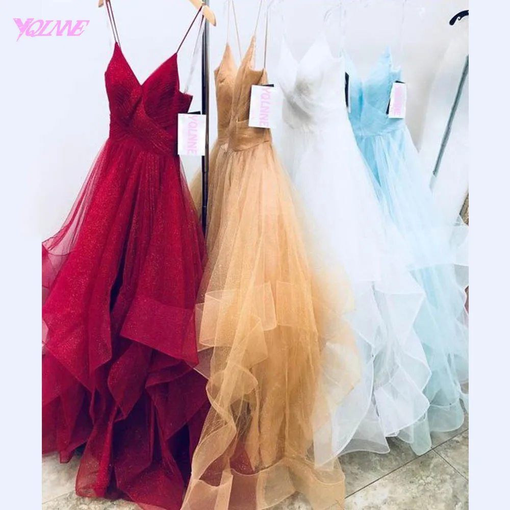 YQLNNE 2018 золотые платья для выпускного вечера длинное платье Тюлевое со складками