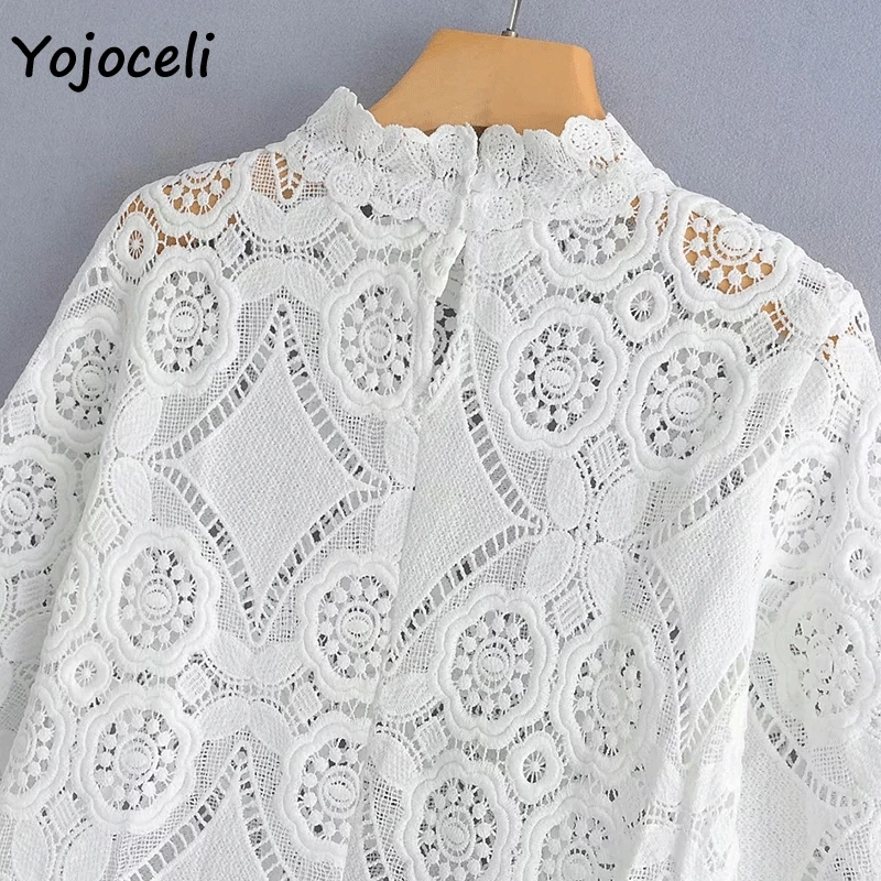Yojoceli белое с кружевами связанными крючком открытые женские блузки рубашки