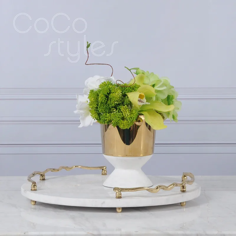 Cocostyles InsFashion роскошный круглый зеленый мраморный поднос с кривой латунная ручка для супер высокого класса пятизвездочный отель Декор