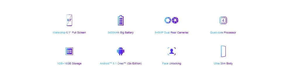 DOOGEE Y8c Android 8,1 6,1 дюймов 19:9 экран смартфон MTK6580 1 ГБ ОЗУ 16 Гб ПЗУ 3400 мАч две sim-карты 8 Мп+ 5 Мп WCDMA мобильный телефон