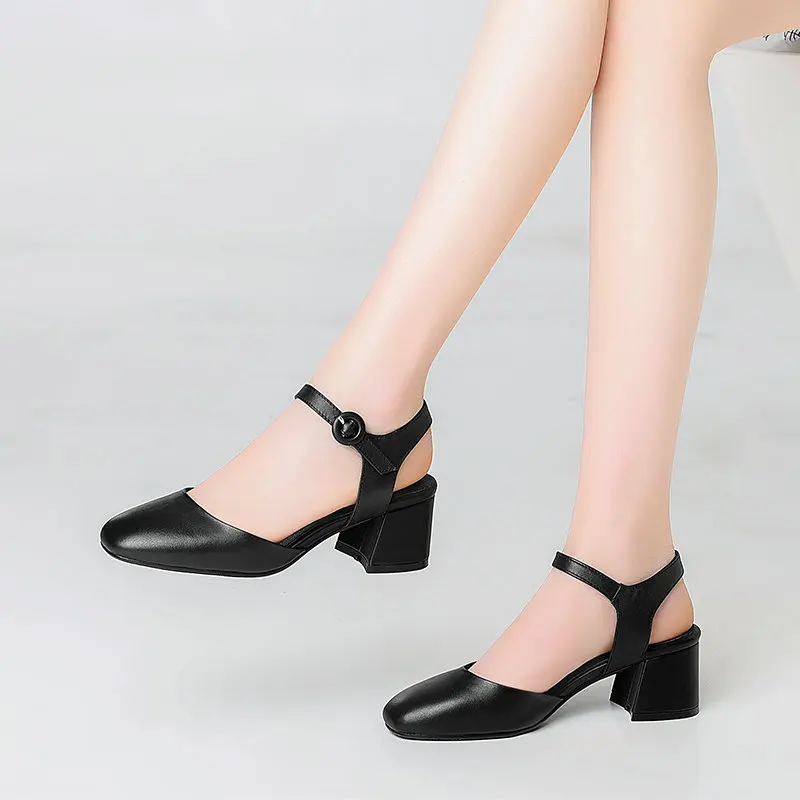Women Closed toe Sandals Genuine Leather Square Heel High Heels Gladiator Cow Sandalias Mujer 2019 | Обувь
