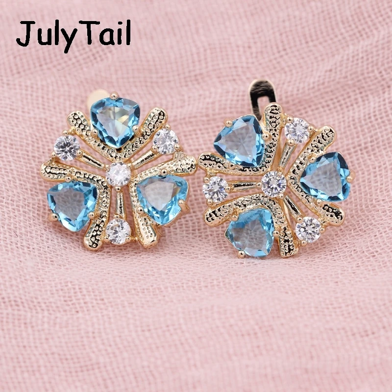 Exclusive RU Hot 585 Rose Gold Blue Triangle Cubic Zirconia Big Earrings For Women Jewelry Luxury Vintage Round Crystal | Украшения и