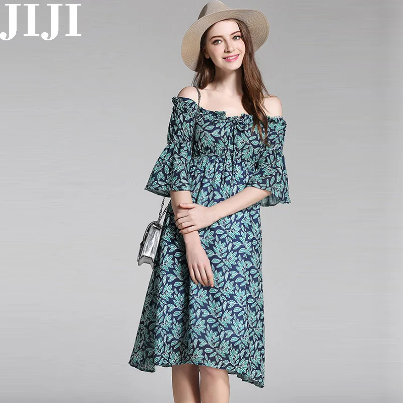 2017 лето чешские dress flare рукавом печати цветочные женщины ретро с плеча туника