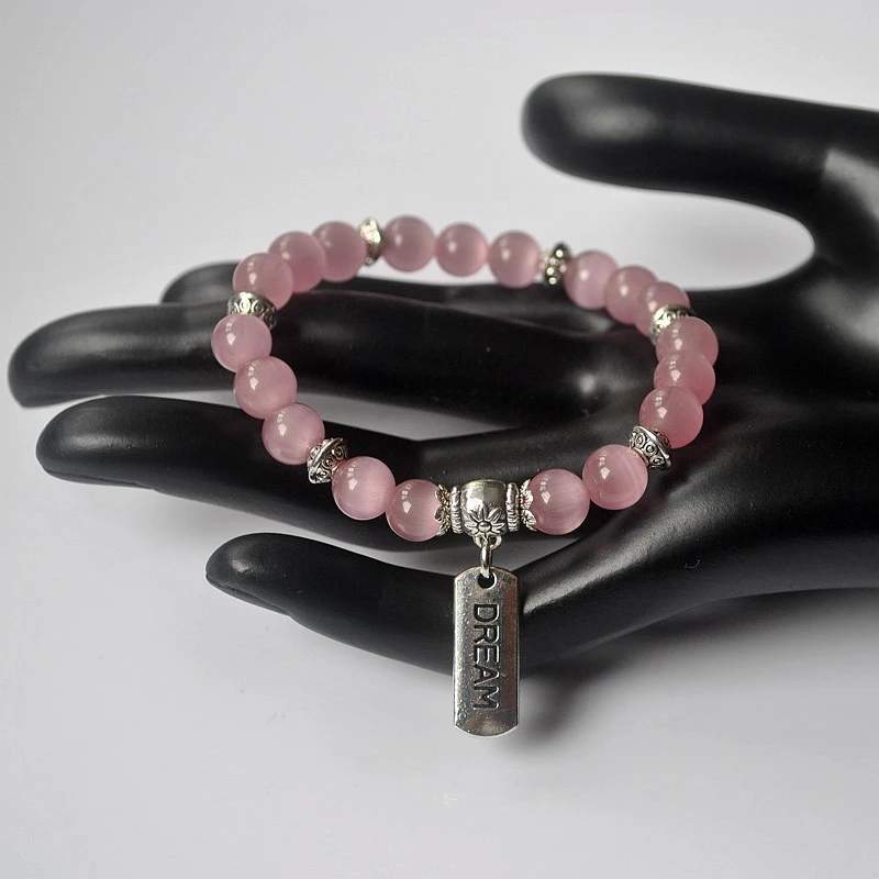 Женский браслет с бусинами из натурального опала 8 мм винтажный посеребренный на