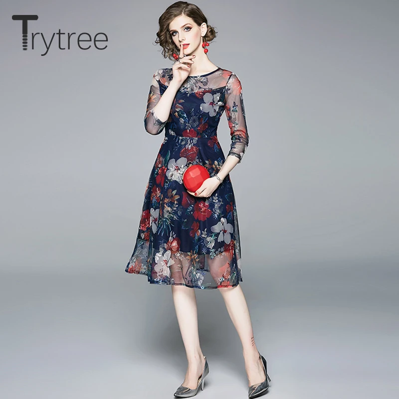 Trytree/летнее женское платье с элегантным круглым вырезом и принтом темно-синие
