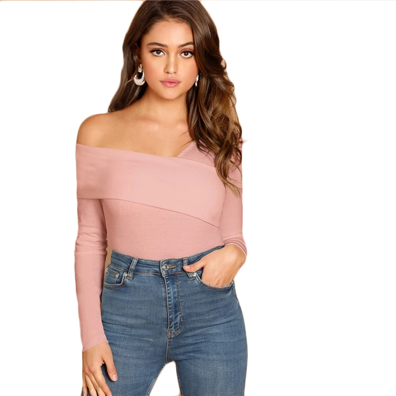 SHEIN, белая Асимметричная Однотонная футболка с круглым вырезом, вязанная в рубчик, приталенный, вечерние, Повседневный пуловер, рубашка с длинным рукавом, осень, женская футболка, Топ