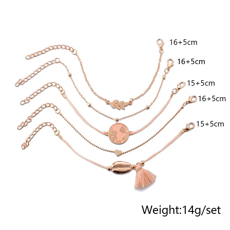 5 Pcs/set Boho Hellow Earth Heart Shell Leaves Gold Bracelet Set For Women Strand Tassels Bracelets Bangles Girls Jewelry Gift | Украшения